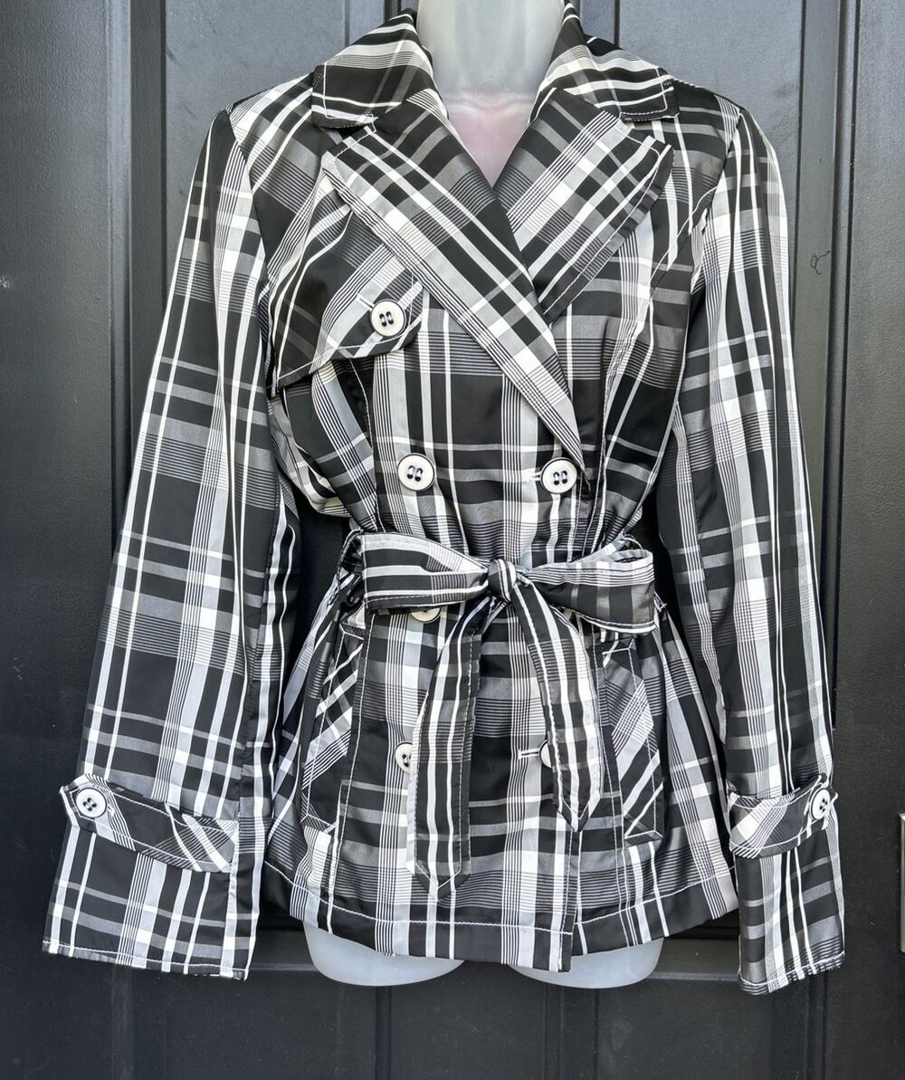 Espirit Black/White Spring Plaid Trench Over Rain Coat Womens Classic Size XS